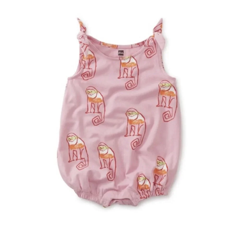NWT Tea Collection Tie Shoulder Baby Romper Cochin Monkeys Pink 0-3 Months